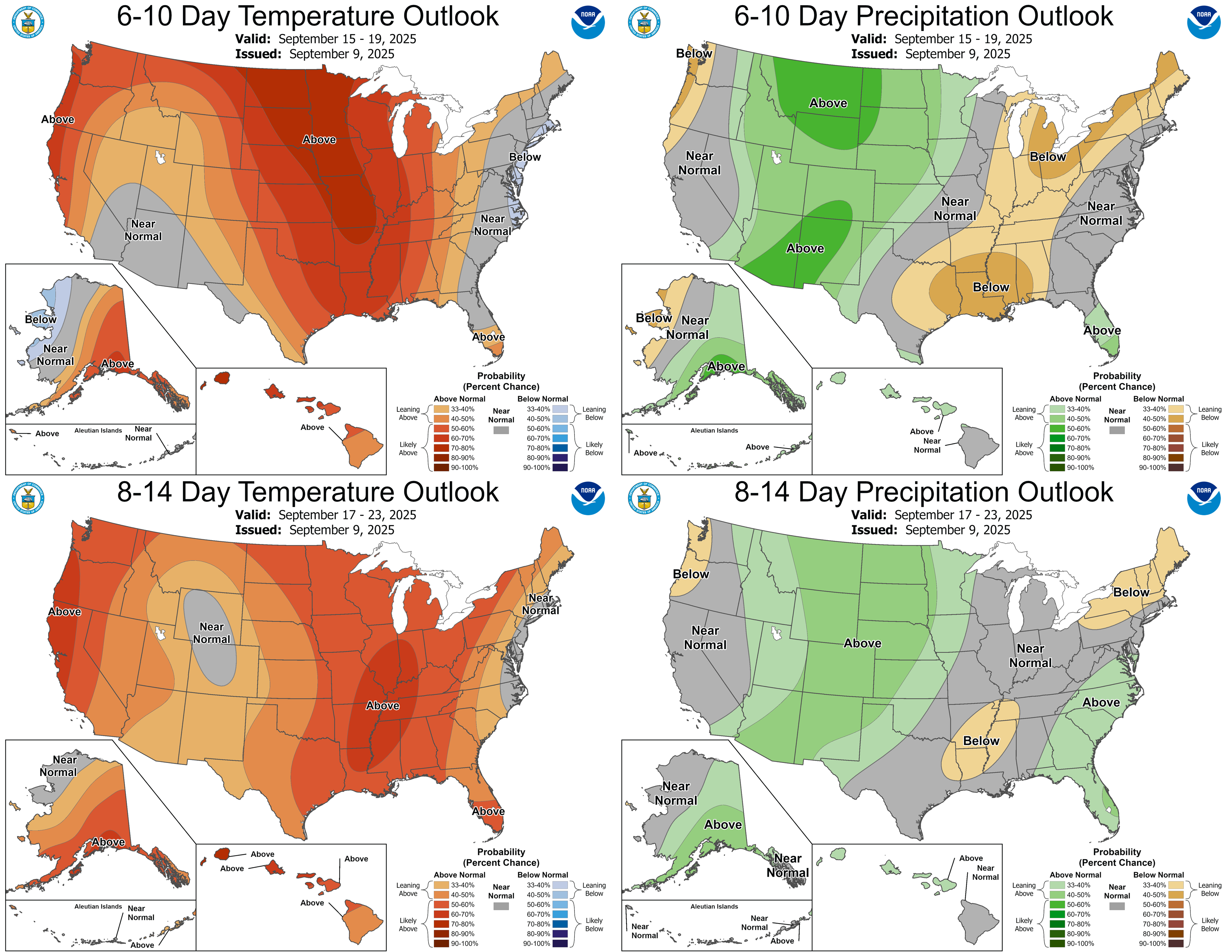 Four NOAA maps showing U.S. 6–10 day and 8–14 day outlooks for temperature and precipitation, valid mid-September 2025, with warmer-than-normal temperatures forecast in much of the country.
